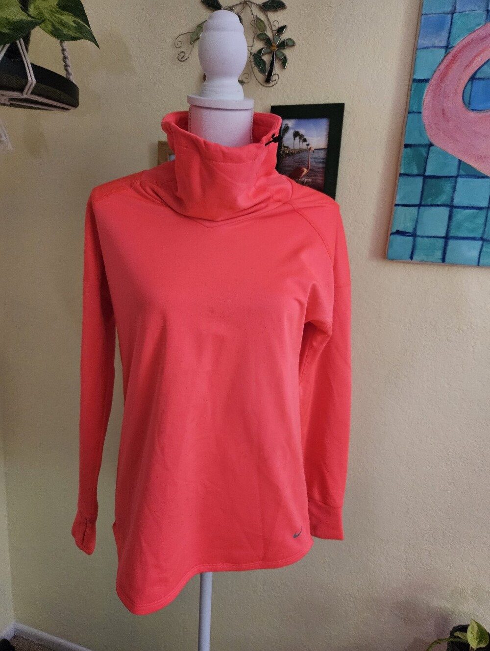 Nike Women's Neon Coral Pink Funnel Neck Pullover Sweater Sz S